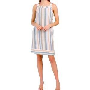 FOR CYNTHIA Neutral Stripe Linen Blend Tank Dress SMALL Pockets Buttons Beach
